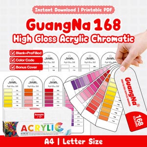 Può includere: Un set di pennarelli GuangNa 168 High Gloss Acrylic Chromatic con una scatola bianca con accenti grafici colorati e testo. Include schede campione di colore stampabili con codici, disposte a ventaglio che mostrano varie tonalità di rosso, rosa e giallo.