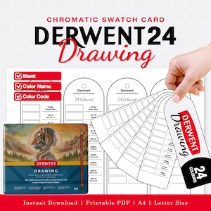 Peut inclure: Une fiche de nuancier chromatique imprimable pour les crayons de couleur Derwent 24 Drawing. Le document présente une mise en page en grille avec des espaces pour les noms et codes de couleur, ainsi qu'une étiquette en éventail.