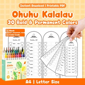 May include: A set of Ohuhu Kalalau acrylic markers with 30 bold and permanent colours. The image shows a box of markers, a colour code chart, and the text "Instant Download | Printable PDF". The chart is A4 | Letter Size.