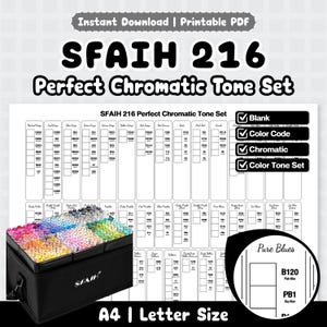 May include: A black storage case filled with numerous colorful markers, positioned in front of a white printable color chart labeled SFAIH 216 Perfect Chromatic Tone Set. The chart includes columns for various color categories and a circular detail view.