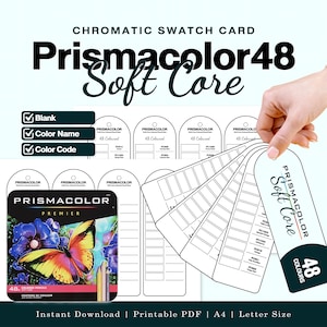 Puede incluir: Una tarjeta de muestras cromáticas imprimible para 48 lápices de colores Prismacolor Soft Core. El conjunto incluye una caja de metal negra con un gráfico de mariposa, varias etiquetas de papel blanco con campos vacíos para nombres.