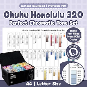 May include: A black rectangular carrying case filled with numerous colourful alcohol markers, positioned in front of a printable A4 and Letter size colour reference chart titled Ohuhu Honolulu 320 Perfect Chromatic Tone Set with codes.
