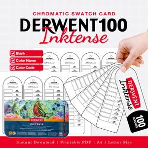 Op de afbeelding: Een printbare chromatische kleurstaalkaart voor Derwent Inktense 100 kleurpotloden. Het document bevat lege sjablonen voor kleurnamen en codes, naast een illustratie van een metalen blik en een waaier van staalkaartjes in A4-formaat.