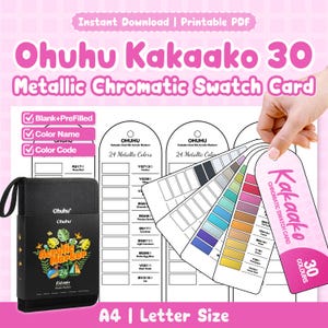 Pode incluir: Um cartão de amostras Ohuhu Kakaako 30 Metallic Chromatic em PDF imprimível com seções para nomes e códigos de cores. O conjunto inclui um estojo preto para 24 marcadores acrílicos e várias etiquetas de amostra nos tamanhos A4 e Letter.