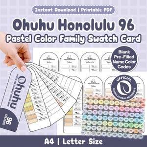 Könnte beinhalten: Ohuhu Honolulu 96 Pastel Color Family Farbmusterkarte als druckbares PDF. Das Dokument enthält eine fächerförmige Farbmusterkarte mit Farbcodes, leeren Feldern für Namen und ein Raster mit 96 pastellfarbenen Markerkappen. Text beinhaltet Instant Download.