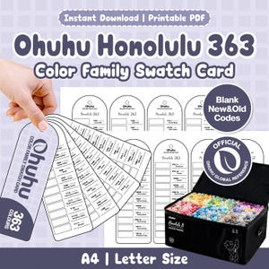 Peut inclure: Un ensemble de cartes de nuancier Ohuhu Honolulu 363 au format PDF imprimable. Le document présente des cartes arquées avec des espaces vides pour les codes de marqueurs, un sceau de référence officiel Ohuhu et une trousse noire remplie de marqueurs.