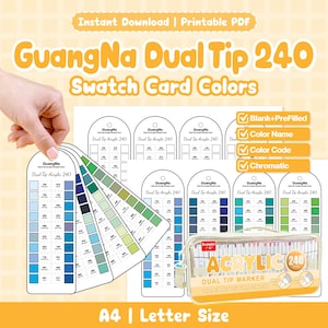Pode incluir: Um conjunto de marcadores acrílicos GuangNa Dual Tip 240 com cartões de amostra. Os cartões exibem nomes, códigos e uma gama cromática. A imagem inclui um estojo transparente de marcadores e o texto "Instant Download | Printable PDF".