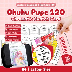 Tarjeta de muestras cromáticas de 120 marcadores de color Ohuhu Pupe / Fuente más grande / En blanco + Prellenado / Nombre del color + Código / PDF tamaño carta A4