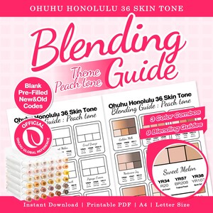Puede incluir: Guía de mezcla Ohuhu Honolulu 36 tonos de piel para tonos melocotón. Este PDF imprimible incluye códigos de marcadores nuevos y antiguos, 3 combinaciones de colores y 9 guías de mezcla. Incluye el sello oficial de referencia de Ohuhu y una muestra de tapas de marcadores. Disponible en tamaño A4 y Carta.