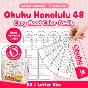 Könnte beinhalten: Ein druckbares PDF-Set mit Ohuhu Honolulu 48 Cozy Mood Color Family Farbkarten. Das Set enthält leere Farbkarten mit Ohuhu-Branding, eine Farbfamilien-Karte und eine Box für 48 Alkoholmarker. Text enthält Instant Download und A4.