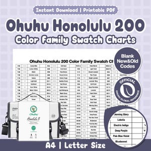 May include: Ohuhu Honolulu 200 Color Family Swatch Charts printable PDF featuring a grid of colour names and codes. Includes a grey carrying case for 200 markers, an official Ohuhu reference seal, and a circular detail view of colour names.