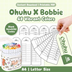 Op de afbeelding: Een printbare PDF-set met Ohuhu X Bobbie 48 Vibrant Colors kleurkaarten in A4 en letterformaat. De set bevat een cilindervormige etui versierd met beerillustraties en een verzameling markers, samen met lege sjablonen voor kleurmonsters.