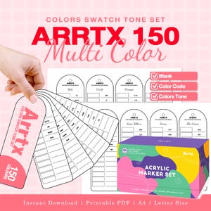 Puede incluir: Un conjunto de muestras de color Arrtx 150 Multi Color imprimible que incluye una carta de colores en abanico con espacios en blanco para códigos y tonos. El set incluye una caja rectangular con la etiqueta Acrylic Marker Set y formas.
