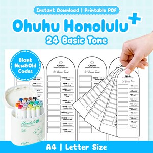 May include: A white container of Ohuhu Honolulu alcohol markers with 24 colours, a colour swatch card, and the text "Ohuhu Honolulu 24 Basic Tone". The image also includes the text "Instant Download | Printable PDF".