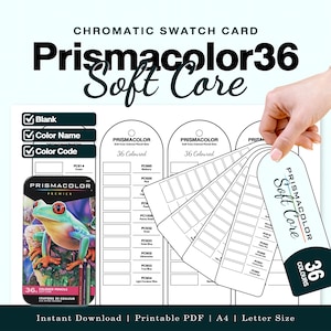 Op de afbeelding: Een printbare chromatische kleurstaalkaart voor Prismacolor 36 Soft Core kleurpotloden. Het document bevat een lijst met kleurnamen en codes, een afbeelding van het potloodblik met een kikkerillustratie en een waaier van lege kleurstaalkaartjes.