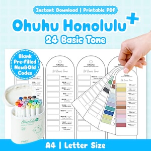 May include: A white container of Ohuhu Honolulu 24 alcohol markers with a matching color swatch card. The image includes the text "Instant Download | Printable PDF" and "A4 | Letter Size". The color palette includes a range of colors.