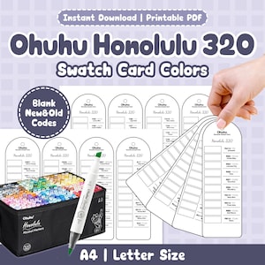 Tabela de Amostras de Cores Ohuhu Honolulu 320 | Modelo de Marcador em Branco para Artistas | Download em PDF com Códigos Antigos e Novos | Organização de Arte