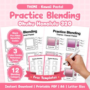 May include: A pink and white printable PDF with the text "Practice Blending" and "Kawaii Pastel" theme. Includes color combo guides, blending categories, and free templates. Instant download, A4 and Letter size.