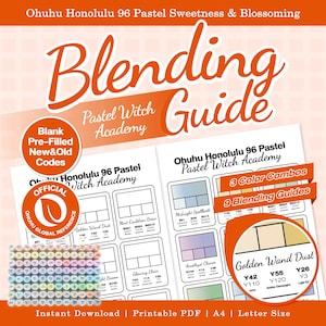 Puede incluir: Una guía de mezcla Ohuhu Honolulu 96 Pastel Sweetness & Blossoming en formato PDF imprimible. El documento incluye tablas de combinaciones de colores, referencias de códigos de marcadores y un recuadro circular destacado.