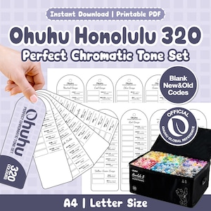 May include: A printable PDF swatch card set for the Ohuhu Honolulu 320 Perfect Chromatic Tone Set, featuring white arched cards with color codes, a black carrying case filled with markers, and text including Ohuhu Honolulu 320 and A4 Letter Size.