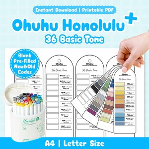 Ohuhu Honolulu Plus 36 Schede campioni di tonalità di base, vuote + codici nuovi e vecchi precompilati / Riferimento pennarello alcolico / PDF