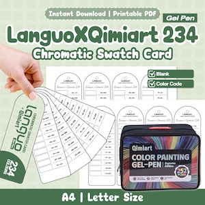 May include: A LanguoXQimiart 234 chromatic swatch card set for gel pens, featuring printable PDF sheets with blank and color-coded templates. Includes a black storage case labeled Qimiart Color Painting Gel-Pen Supreme Edition with 252 pieces.
