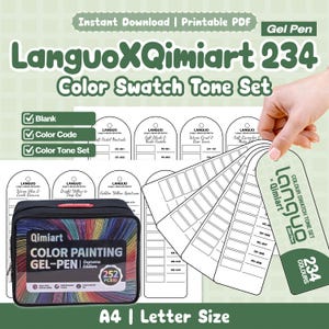 May include: A printable PDF color swatch tone set for LanguoXQimiart 234 gel pens. The set includes blank swatch cards with color codes and tone labels, alongside a black carrying case labeled Color Painting Gel-Pen Supreme Edition 252 PCS.