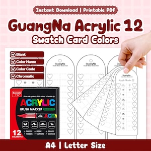 GuangNa Acrylic 12 Swatch Card Colors, Blank Heart Color Tracker Color Name Code Chromatic | Acrylic Marker Reference | PDF