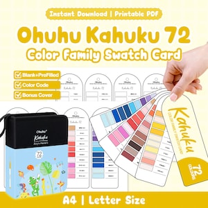 May include: A printable Ohuhu Kahuku 72 color family swatch card set featuring blank and pre-filled templates. The set includes a black and light blue marker case with a frog illustration, and a fan-shaped color swatch guide with labels.