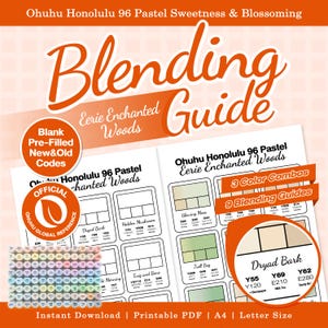 Puede incluir: Una guía de mezcla imprimible Ohuhu Honolulu 96 Pastel Sweetness & Blossoming para Eerie Enchanted Woods. El documento incluye tablas de combinaciones de colores, secciones de códigos en blanco y un sello oficial de Ohuhu.