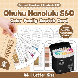 May include: An Ohuhu Honolulu S60 color family swatch card printable PDF featuring blank pre-filled name color codes. The set includes a fan-style swatch guide with various color labels and a black carrying case filled with sixty alcohol markers.