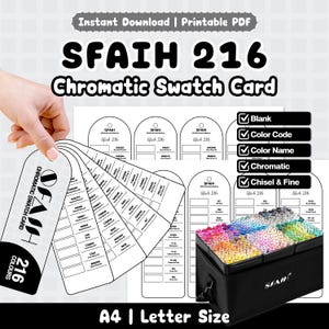 May include: A printable SFAIH 216 Chromatic Swatch Card set for alcohol markers, featuring a fan-style swatch template with labeled color codes and names, alongside a black storage case filled with markers, all presented in A4 and Letter size formats.