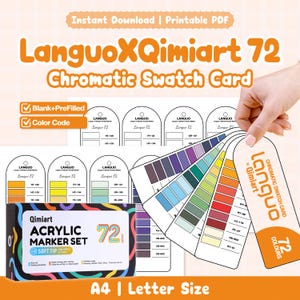 May include: A LanguoXQimiart 72 Chromatic Swatch Card printable PDF set featuring blank and pre-filled colour code templates. Includes a black box for an acrylic marker set with 72 colours and a fan-style swatch card showing various colour gradients.