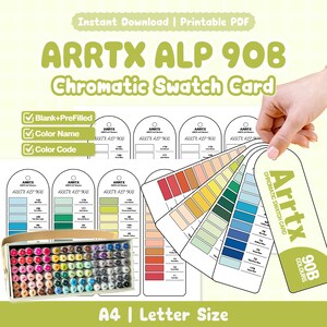 May include: A printable Arrtx ALP 90B chromatic swatch card set for markers, featuring blank and pre-filled templates with color names and codes. The set includes multiple arched cards and a box of assorted colored markers in a grid layout.