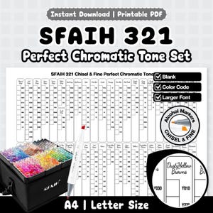Juego de marcadores de alcohol SFAIH 321 con tonos cromáticos perfectos / Fuente más grande / Imprimible en blanco, código de color / Punta biselada y fina / PDF tamaño carta A4