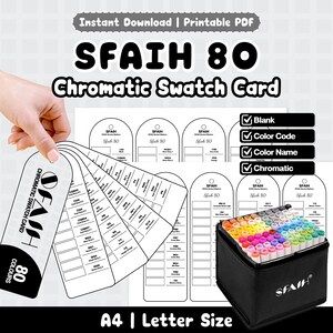 May include: A printable A4 letter size SFAIH 80 chromatic swatch card set for alcohol markers. The design features arched labels with spaces for color codes and names, alongside a black storage case filled with eighty colorful markers.