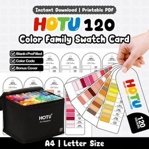 May include: A printable PDF color family swatch card set for 120 markers, featuring blank and pre-filled templates, color codes, and a bonus cover. Includes a black carrying case filled with 120 colorful markers and a fan of swatch cards.