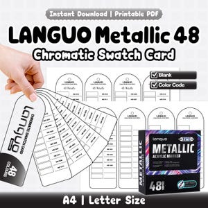Può includere: Un set di schede campione cromatiche LANGUO Metallic 48 stampabili in formato A4 e Letter. Il file digitale include modelli vuoti con caselle per il codice colore per 48 pennarelli acrilici metallizzati, con logo LANGUO ed etichette.