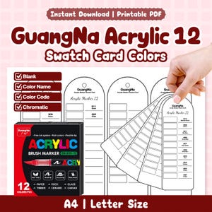 May include: Printable PDF featuring GuangNa Acrylic 12 swatch card colors. The image shows a box of 12 acrylic brush markers, swatch cards, and the text "Instant Download". The cards are labeled with color names and codes.