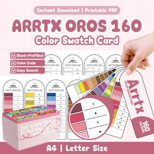 May include: A printable Arrtx Oros 160 colour swatch card set featuring blank and pre-filled templates. The design includes arched tags with numbered slots for markers, a box of markers, and text reading Arrtx Oros 160 Colour Swatch Card.