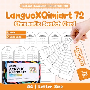 Puede incluir: Un conjunto de tarjetas de muestra cromática LanguoXQimiart 72 en PDF imprimible con plantillas en blanco y tablas de códigos de color. Incluye una caja rectangular etiquetada Qimiart Acrylic Marker Set 72 Colors con punta suave.