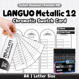 Puede incluir: Un conjunto de tarjetas de muestra cromática LANGUO Metallic 12 en tamaño A4 y carta, con plantillas en blanco y con códigos de color. Incluye un abanico de etiquetas de papel blanco con texto negro y una caja de 12 marcadores acrílicos.