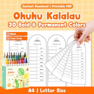 May include: A set of Ohuhu Kalalau acrylic markers with 30 bold and permanent colours, and colour code swatch cards. The box is light green with a tropical design. The text on the box says "Ohuhu Kalalau Acrylic Markers 30". The image also includes the text "Instant Download | Printable PDF".