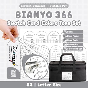 May include: A black carrying case with the text "BIANYO" and "366 Colors Dual Tip Alcohol Professional Art Markers Set." The image also shows a swatch card set with 366 colors, a hole guide, and the text "A4 | Letter Size."