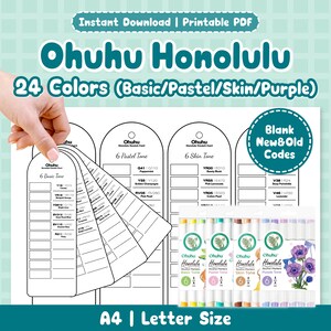 May include: A printable PDF showcasing Ohuhu Honolulu markers in 24 colours, including basic, pastel, skin, and purple tones. The image displays colour swatch cards and marker sets, with the text "Instant Download" and "A4 | Letter Size".
