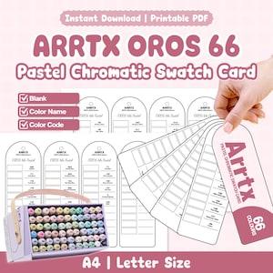 May include: A printable Arrtx Oros 66 Pastel Chromatic Swatch Card set featuring blank templates for color names and codes. The design includes arched cards for organizing markers, with a box of 66 pastel markers shown in the corner. Text includes Arrtx Oros 66 Pastel Chromatic Swatch Card and A4 Letter Size.