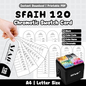 May include: A printable SFAIH 120 Chromatic Swatch Card PDF for alcohol markers. The set includes a fan-style swatch card, a black storage case filled with 120 colorful markers, and a template sheet with blank spaces for color codes and names.