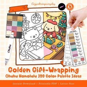 May include: A digital colouring page titled Golden Gift-Wrapping featuring a cat and a dog wrapping presents. Includes an Ohuhu marker, a colour palette swatch card with text, and a colour reference chart. The design shows a festive room with a Christmas tree and wreath, presented as a printable PDF.