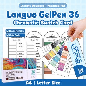 May include: A printable Languo GelPen 36 chromatic swatch card set featuring blank and pre-filled colour code templates. The design includes a fan of colour swatches, a box labelled Acrylic Painting Gel-Pen with 36 colours, and 0.7mm text.