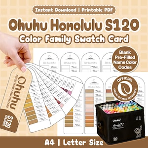 Op de afbeelding: Een printbare Ohuhu Honolulu S120 kleurenkaartenset met vooringevulde kleurcodes. De set bevat een waaier-stijl kleurkaart, meerdere A4-vellen en een zwarte opbergtas gevuld met 120 alcoholmarkers voor kleurgebruik.